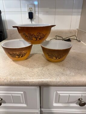 Pyrex Amber/White Mixing Bowls with Fruit Motif